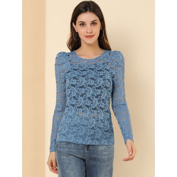 Semi Sheer Puff Long Sleeve Embroidery Blouse Lace Top Blue - Picture 3 of 6